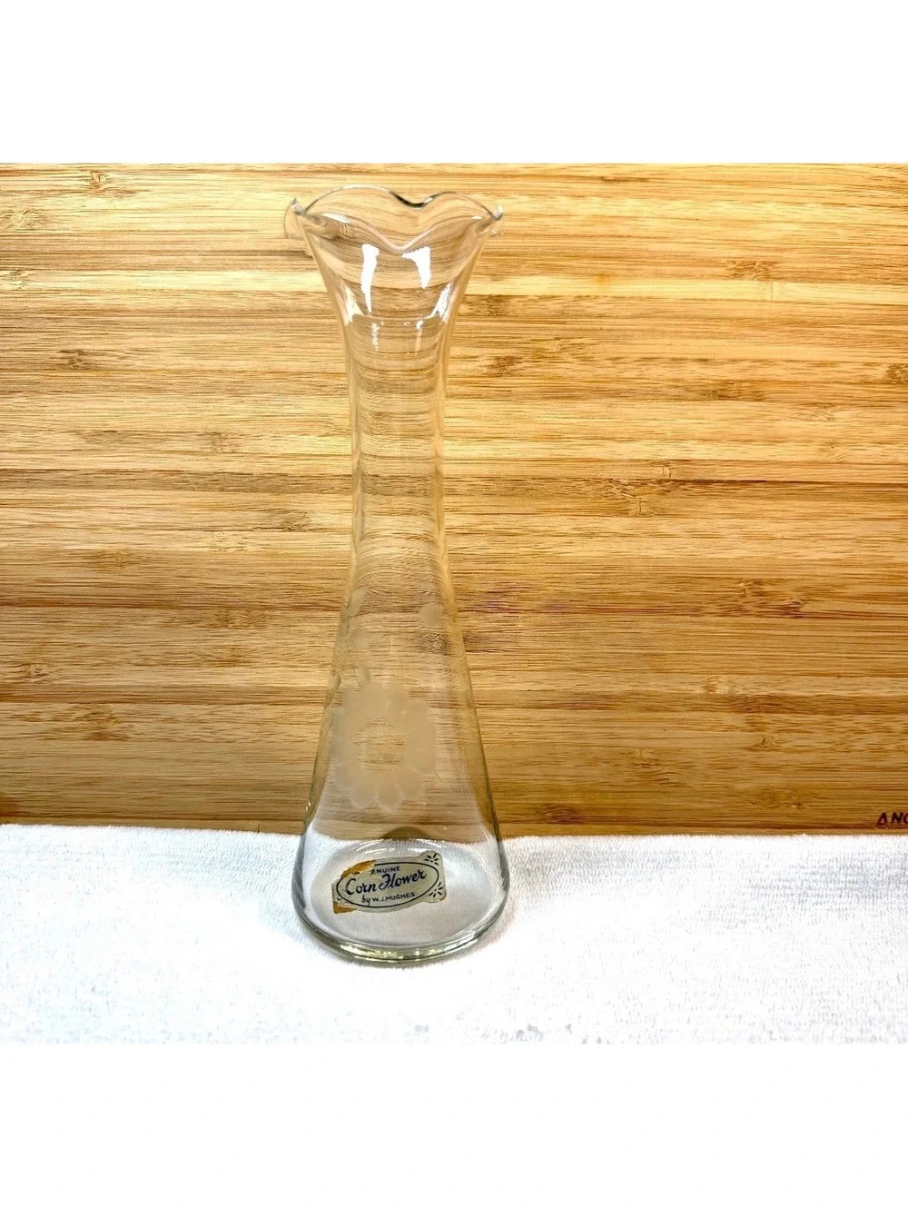 Vintage Hughes Corn Flower Glass Bud Vase with Original Foil Sticker - 8 Inch